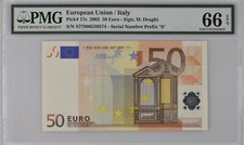 GEM UNC 50 Euro Italy 2002 Draghi J100 Pick 17s prefix S PMG 66 EPQ