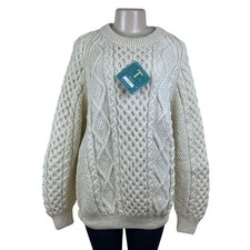 Tivoli Women’s Ivory Wool Hand-Knit Sweater Aran Cable-Knit Design Size L - New