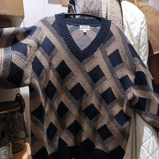 Jaeger X Women's Jumper Black Brown Mix Merino Wool V-Neck Ribbed New F1