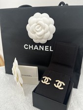CHANEL Authentic All Crystal Classic CC Logo Earrings with Box