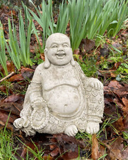 Cheery Buddha Stone Statue | Reconstituted Oriental Monk Outdoor Garden Ornament
