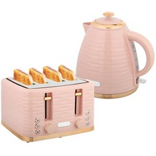 Pink Kettle 4 Slice Toaster Set Rapid Boil 3000W Textured Glossy Rose Gold Rim