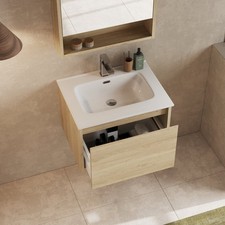 Wall Hung Vanity Unit 600mm Bathroom Cabinet 2 Drawers & Classic Basin Light Oak