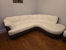 White And Grey Leather Curved 5 Seat Seater Corner Sofa With Storage Footstool