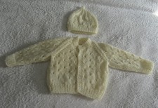 Hand knitted patterned cardigan and hat set in cream new born baby boy