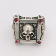 Silver Signet Ring with Red Ruby Cabochon Detail