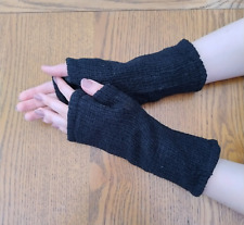 Hand Knitted Lined Wool Wrist Arm Warmers Black Fingerless Gloves Mittens Mitts