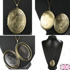 LARGE VINTAGE BRASS LOCKET long chain NECKLACE antique gold 6cm BIG OVAL retro