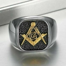 Mens Stainless Steel Gold Freemason Masonic Lodge Ring Silver Size 7-15 Gift