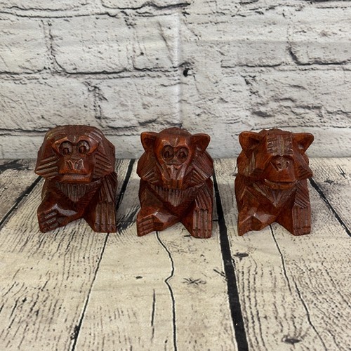 8cm tall wooden wise monkeys - tall,