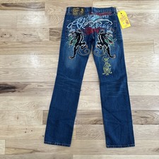 Rare CHRISTIAN AUDIGIER Ed Hardy Denim Black Panther Embroidery Jeans 27X34 NEW