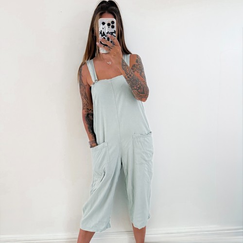 Ladies green linen dungarees - green,