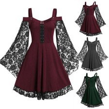 Plus Size 18-26 Womens Victorian Gothic Mini Dress Cold Shoulder Lace Up Tops