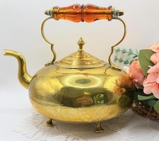 Vintage Brass Toddy Kettle with Amber resin Handle, James Clews, England, C1920