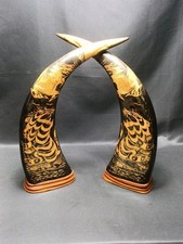 Vintage Pair Carved Buffalo Horn Dragon Sculpture with Wooden Bases 