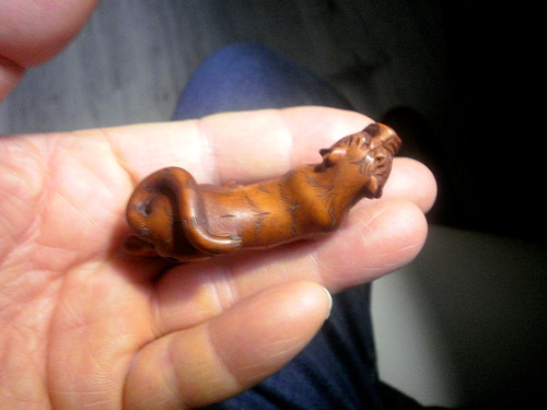 Hand carved wood netsuke tiger - carved,