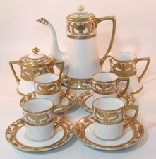 Antique Noritake 11 Piece Raised Gilded exotic Bird Art Deco Coffee Set 1920s VG