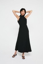 Warehouse Black Slinky Rib Open Back Halter Neck Midi Dress BNWT UK Size 12