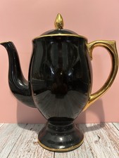 VINTAGE NORSK FLINT EGERSUND BLACK AND GOLD COFFEE/TEAPOT (8.5” TALL)
