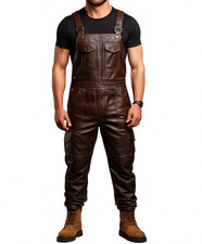 Men's Genuine Soft Leather Brown Bib Overall Dungaree Jumpsuit Suit Uniform Mans