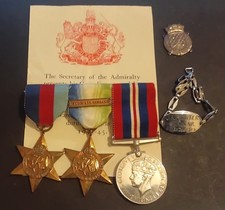WW2 3 Military Medals to 1 Man & Thanks Letter RNPS Badge & Private ID Bracelet