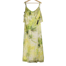 Roman Maxi Dress Size UK 18 Green Palm Tree Leaf Chiffon Floaty Wedding Guest