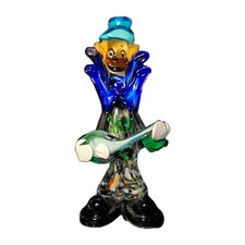 10" Rare Vintage Murano Hand Blown Glass Clown with Pale Blue Guitar