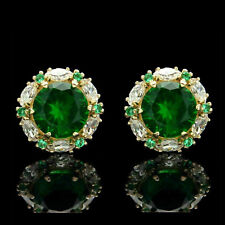 3Ct Lab Created Green Emerald & Diamond Halo Stud Earring 14K Yellow Gold Over