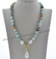 10mm Natural Round Amazonite Gems White Baroque Keshi Pearl Pendant Necklace 20"