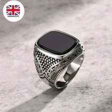 Men's Rock Punk Onyx Stone Signet Ring Silver Stainless Steel Size US 9 UK R1/2