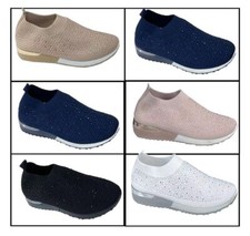 Women's Ladie Diamante Sneakers Sports Pumps Trainers Gym Slip On Sock Shoe Size