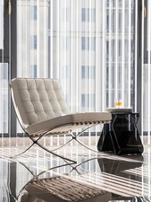 Modern Barcelona Design Chair And Ottoman, White Real Leather