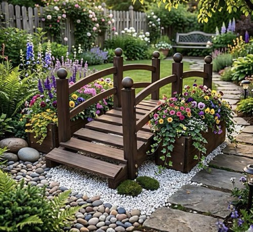 Wooden planter bridge - wooden, flowers