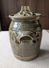 Studio Pottery Ash Green Glazed Stoneware Storage Jar  - Marked MK (?) 1 of 2