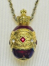 Joan Rivers Necklace Egg Faberge Enamel Red Gold Crown Jeweled Pendant Signed