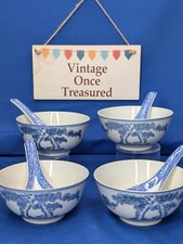 4 x Chinese RICE SOUP BOWLS + SPOONS * Blue White Porcelain * Vintage Signed EXC