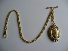  single albert gold  plated  pocket watch chain old vintage locket  fob t bar 
