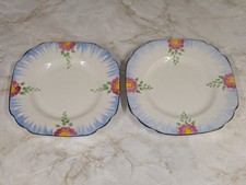 Pair Of Melba Bone China Square Tea Plates Blue With Pink Flowers