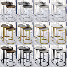 2Pc Round Nesting Stackable Sofa Side Bedside End Table Set Wood Top Metal Legs