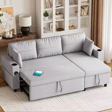 3 Seater L-Shaped Sofa Bed 3-in-1 Sectional Couch w/ USB & Cup Holders, Grey