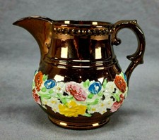 19th Century British Hand Enamelled Relief Molded Floral Band Copper Luster Jug