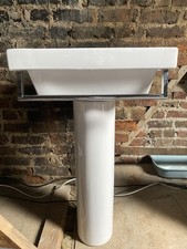 REDUCED White Ceramic Pedestal Bathroom Sink Large Square Built In Towel Rail