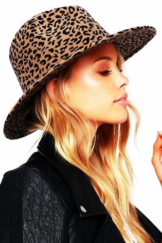 Camel leopard print fedora - camel,