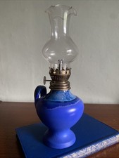 Antique Oil Lamp Blue Ceramic Glass Shade Vintage Homeware Home Retro Dining
