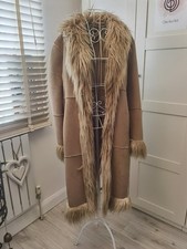 River Island Faux Fur Tan Brown Afghan Penny Lane Long Warm Coat Size 16