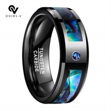 Black Tungsten Carbide Ring for Men Natural Abalone Shell inlay and Blue CZ NEW 