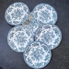 Enoch Wedgwood Tunstall Cottage Rose Pheasant Blue White Dinner Plates x6 (GOOD)