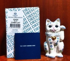 Irish Dresden Chibi Cat Floral Blue Gold Heart Necklace Figurine Box