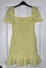 BNWT ZARA YELLOW TEXTURE FRILL PUFF SLEEVE SQUARE NECK SHIRRED MINI DRESS SIZE S