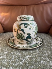 Mason's Ironstone Chartreuse Ginger Jar Lidded 7"  Tall Green Gold Floral